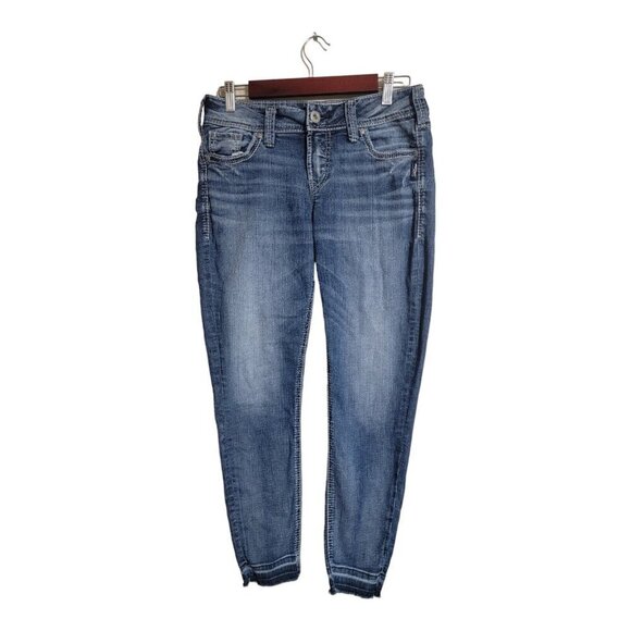 Silver Jeans Denim - Silver Jeans Womens 27/27 Blue SLIM Elyse Ankle Skinny Distressed Raw Hem